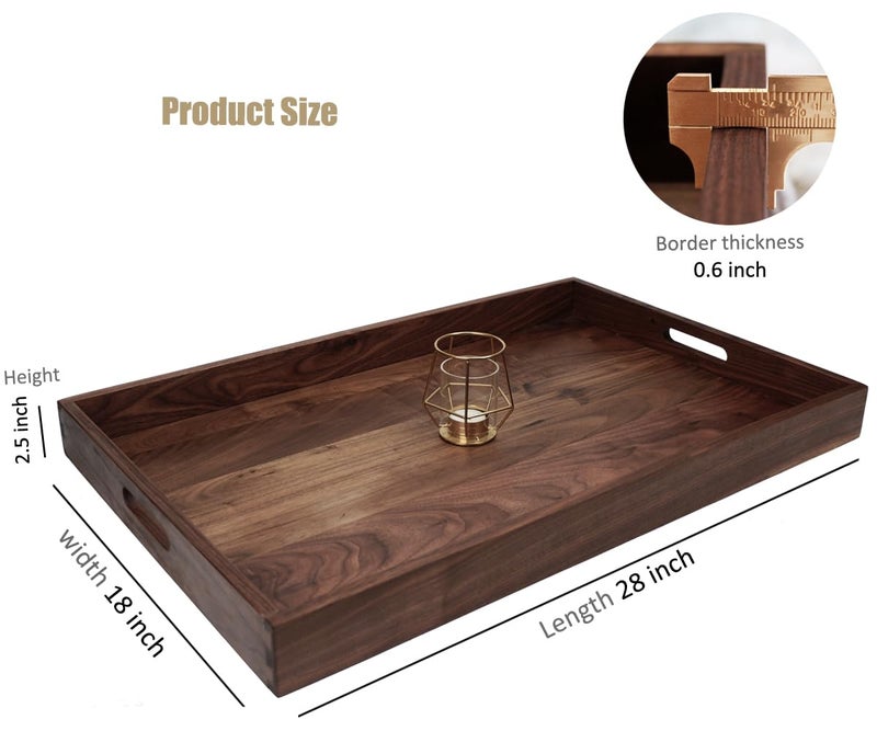 MAGIGO 28 x 18 Inches Extra Large Rectangle Black Walnut Wood Ottoman Tray with Handles, Serve Tea, Coffee or Breakfast in Bed, Classic Wooden Decorative Serving Tray - Image 2